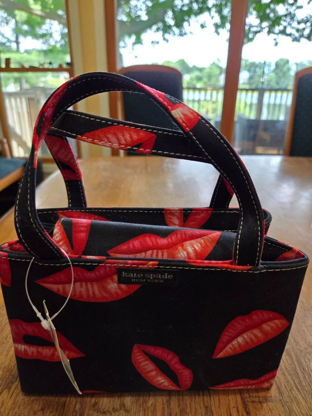 Vintage Kate Spade Black Canvas Red Lips Print Mini Tote Bag  8x6 Small